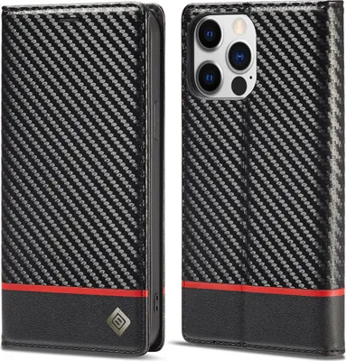 Produktbild von Hülle für iPhone 15 Pro Kohlefaser Leder Brieftasche Schutzhülle mit Standfunktion Schwarz Horizontal Rot