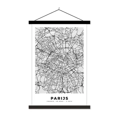 Produktbild von MuchoWow® Textilposter Paris - Stadtplan - Schwarz und weiß - Karte 60x90 cm mit schwarzem Rahmen - Poster Wohnzimmer