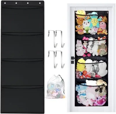 Productafbeelding van Ibenzoa® Ophangzak voor knuffels en meer – Deurorganizer van Oxford-stof, 165x61 cm, inclusief 4 metalen haken en een opbergzak van 30x43 cm, zwart