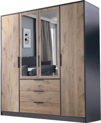 Produktbild von Kleiderschrank LATI D4 4 türiger Schrank 196x200x58 cm 3 Schubladen Spiegel Schwarz/Viking Eiche