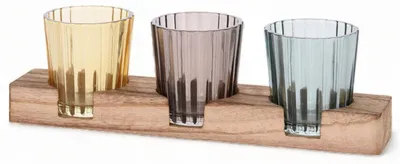 4-teilige Teelichtholderset mit Holztablett, Glas, gerippt, Windlicht