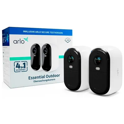 Produktbild von Arlo Essential Outdoor Überwachungskamera, 2er Set, IP-Sicherheitskamera, Innen & Außen, Kabellos, Decke/Wand/Stange, Weiß, Patrone (Form)