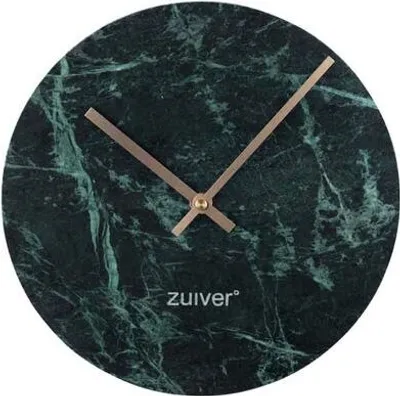 A round marble clock with gold hands and the brand name 'zuiver' printed on it.