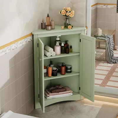 Produktbild von STILVORA Eck-Schrank mit 2 Türen und 3 Ebenen,Aufbewahrungsschrank aus MDF mit lackierter Oberfläche, Stauraumlösung für Bad, Küche, Wohnzimmer, Balkon, Grün