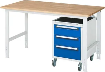 Produktbild von Arbeitstisch - Rollcontainer mit 3 Schubladen - Arbeitsplatte Buche - Traglast 500 kg - Höhe 760-1.080 mm - 2.000 x 800 mm (BxT) - lichtgrau