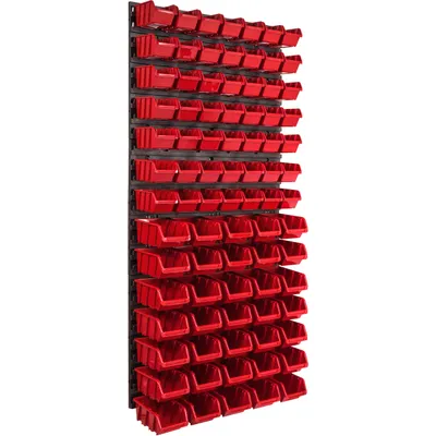 Zdjęcie produktu dla Panel narzędziowy naścienny 57,6 x 117 cm z 81 szt. Pudełka wiszące Czerwone i czarne Pudełka sztaplowane