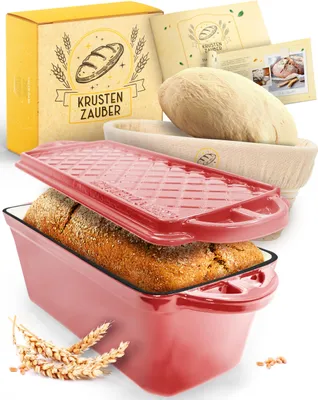 Produktbild von KRUSTENZAUBER Emaille Brotbackfrom mit Deckel inkl. Gärkorb - Robuste 28cm Backform aus Gusseisen - Ideal als Kastenform, Toastbrot Backform, Brotform