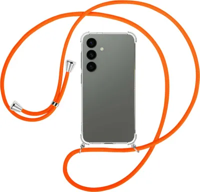 Produktbild von Handykette Backcover-Schutzhülle mit Band (Metall silberfarben) für Samsung Galaxy S24 - neonorange