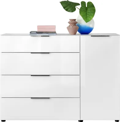 Produktbild von Kommode - 135 x 99 cm - 1 Tür - 4 Schubladen - Weißglas - Weiß matt
