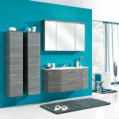Produktbild von Badmöbel Serie ALINA-66 mit Mineralmarmor-Waschtisch und 2 Midi-Schränken in Graphit Struktur quer Nachb. - B/H/T: 205/195/48cm