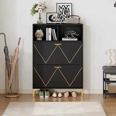Immagine prodotto di scarpiera okwish armadio da corridoio con ripiani semiaperti, scarpiera ribaltabile con scomparti per scarpe, scarpiera con ripiani semiaperti, nero