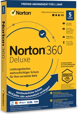 Produktbild von Norton 360 Deluxe - 5 Geräte 1 Jahr 2025 - Antivirenprogramm mit Firewall - PC / Mac / iOS / Android - Download - ABO - ESD
