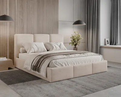 Produktbild von BESILIO Polsterbett mit Stauraum 200x200 Elora – schlankes Bett mit dekorativem Kopfteil und Metallrahmen – Beige