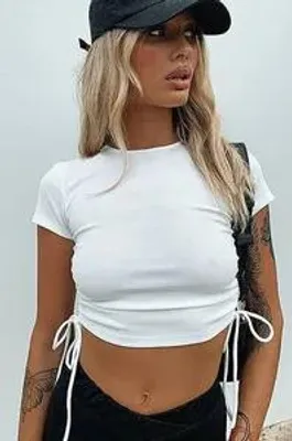 Image de ASKSA Femme Manches courtes Crop Top Col rond T-shirt y Slim Cordon de serrage Tunique Fleurs Imprimé Haut, Blanc, S