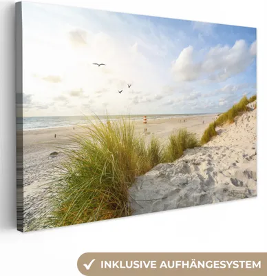 Produktbild von MuchoWow® - Leinwandbilder - Strand - Meer - Vögel, Wandbild, Wanddeko Bilder Wohnzimmer, 120x80 cm