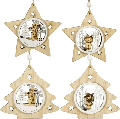 Four wooden Christmas ornaments, two star-shaped and two tree-shaped, each with a circular cutout showing a winter scene with a character.