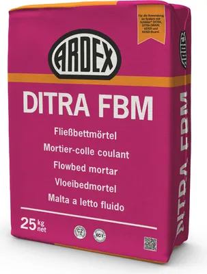 A bag of Ardex DITRA FBM flowbed mortar on a white background.