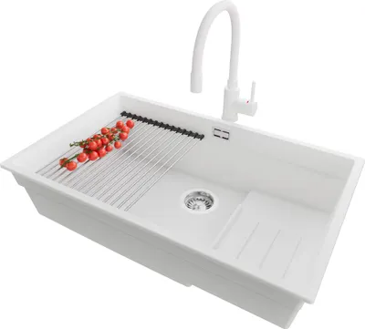 Produktbild von PRIMAGRAN Unterbauspüle Granit Weiß 76x47cm, Spülbecken 1 Becken + Ablauf-Set + Küchenzubehörset, Granitspüle ab 80er Unterschrank - Praga