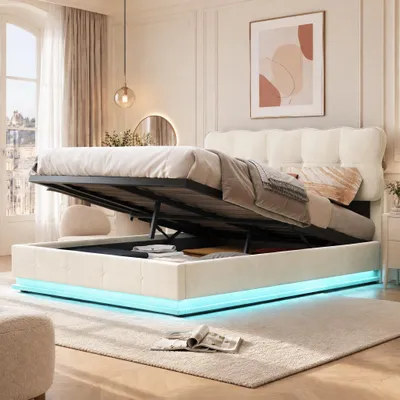 Immagine prodotto di Letto imbottito INONEFT, 140x200 cm, con illuminazione LED, contenitore con sistema idraulico, struttura del letto con rete a doghe, senza materasso, in velluto, color beige