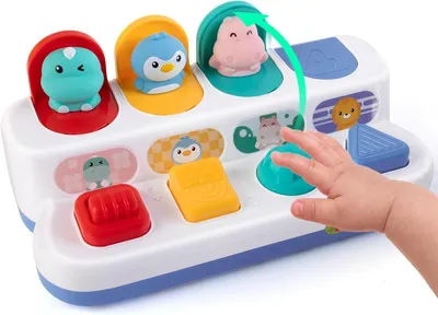 Obrázok produktu pre Montessori hračka na rozvoj príčin a následkov pre deti od 12 mesiacov – hračka s tlačidlami a vystupujúcimi zvieratkami