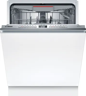 A white Bosch dishwasher with its door open, showing the interior racks and control panel.