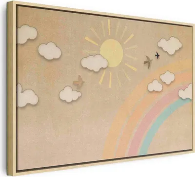 Produktbild von Italienischer Leinwand Leinwandbild - Holiday Sky - Sunny Day with a Rainbow and Flying Birds 90x60 cm Für Kinder e-A-10138-b-a