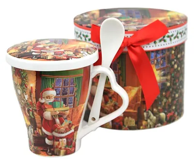 Produktbild von 350 ml Porzellan-Weihnachtsbecher mit Weihnachtsmann- und Geschenkmotiv