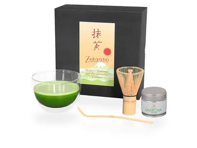 Produktbild von Matcha Set / Matchaset / Matcha Schale 400ml aus doppelwandigem Thermo-Glas mit Besen/Löffel und Tee in Geschenkbox