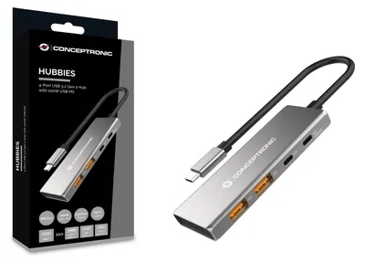 Imagen del producto de Conceptronic HUBBIES15G: Concentrador Conceptronic 4-en-1, conector USB-C a 2xUSB-C, 2xUSB-A, 100W PD, 25 cm