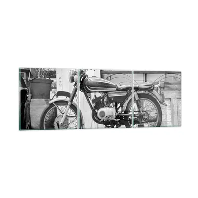 Produktbild von Bilder auf glas - 3 Teile - Alt Motorrad Schwarz und Weiß - 120x40cm - Glasbilder - Wandbilder - Bilder - Wanddekoration aus Glas - Glas Bilder - Wandbild auf Glas - GCA120x40-4487
