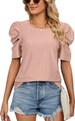 Produktbild von ASKSA Damen T-Shirt Puffärmel Shirts Einfarbige Tops Rundhals Kurzarm Sommer Oberteil, Hellrosa, L