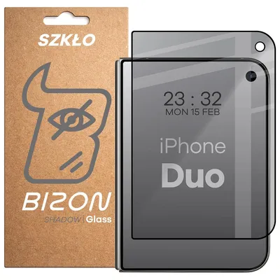 Produktbild von Gehärtetes Glas mit Privatschutzfilter für iPhone Duo, Bizon Glass Edge Shadow, getönt mit schwarzer Rahmen
