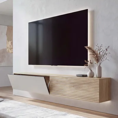 Imagen del producto de Mueble para TV HWC-Q84, mueble bajo para TV, montaje en pared, compartimentos abatibles, estructura 3D, MDF con revestimiento de melamina, 30x160x30 cm, aspecto de roble