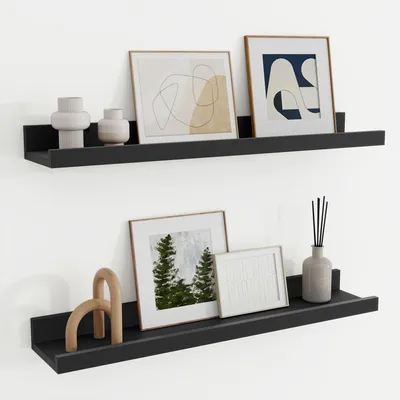 Image de Étagère murale noire en bois, large de 60 cm, pour cadres et livres, lot de 2, étagère suspendue en MDF, idéale pour la cuisine, le salon, la chambre à coucher et le bureau.