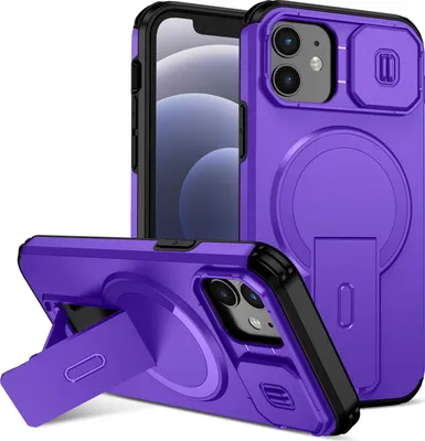 Image de Étui magnétique pour iPhone 12/iPhone 12 Pro, étui durable à deux couches avec protection coulissante de l'appareil photo et support réglable Violet