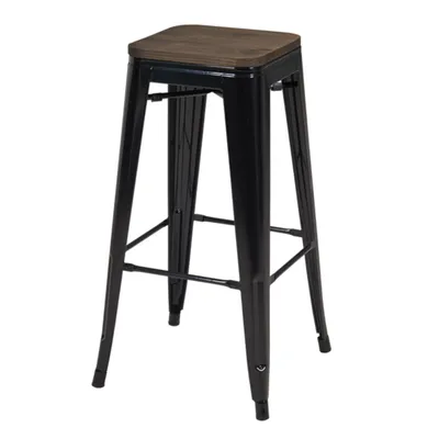 Produktbild von 1x Stuhl Hocker Metall Farbwahl Used Look Sitzfläche Holz Barhocker stapelbar, Farbe:Schwarz+Dunkles Holz , Material:Metall