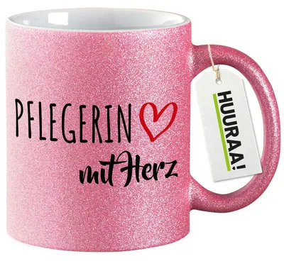 Produktbild von Huuraa Glitzertasse Pflegerin mit Herz 330ml Pink Keramik Kaffeebecher Geschenkidee