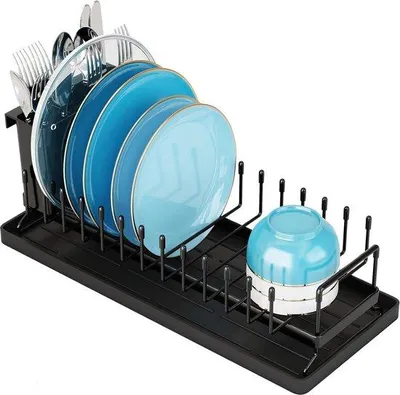 Produktbild von Trockenständer für kleine Gerichte - Kompakte Spülplatte für Spüle mit Silikon-Trockenmatte - Waschbeckenschale aus Edelstahl - Platzsparender Tellerregal Besteckhalter - Schwarz - Küchen-Organisation Tellerregal