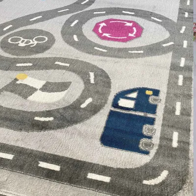 Produktbild von Kinderteppich Spielteppich Straße Auto Verkehr | Teppich für Kinderzimmer | Grau oder Blau, Farbe:Grau, Maße:120x170 cm