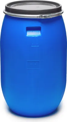A blue plastic barrel with a lid and clamp closure, shown in a studio setting against a white background.