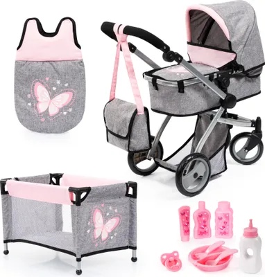 Obrázek produktu pro Bayer Design 18333AB Kombinovaný kočárek pro panenky Mega Set, šedý, růžový, 42cm-74cm