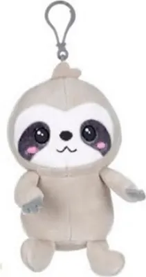 A plush sloth toy with a clip attached to its head.