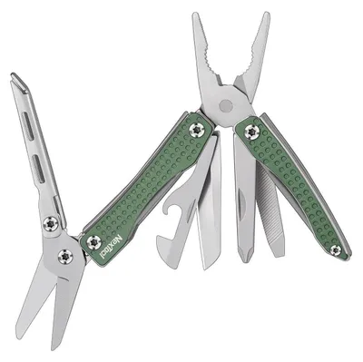 Immagine prodotto di Strumento multifunzione 10 in 1, pieghevole, di colore verde, con pinza, forbici, cacciavite e apriscatole, ideale per il campeggio