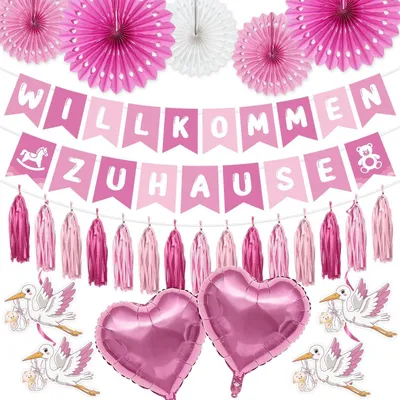 Productafbeelding van Welkom thuis decoratieset: roze stier, hartvormige folieballonnen, papieren waaier, franjes