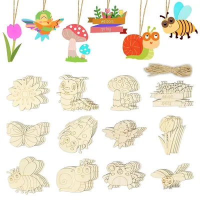 Image de Kit de loisirs créatifs pour enfants, comprenant 60 pièces en bois avec des trous, idéales pour la peinture et les activités manuelles. Motifs : papillons, insectes, fleurs, champignons. Parfait pour les projets de peinture et de bricolage, ainsi que pour la décoration de fêtes