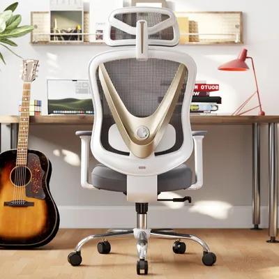 Ergonomischer Bürostuhl mit 3D-Lendenstütze, V-Design, Weiß-Gold
