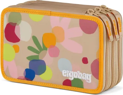A close-up view of a pencil case with a floral pattern.