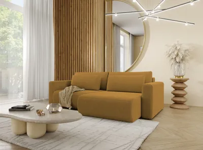 Productafbeelding van Eckbank met slaapfunctie, model CHAIRA, bekleding: stof Curio, kleur: mosterdgeel. Ottomaan aan de rechterkant