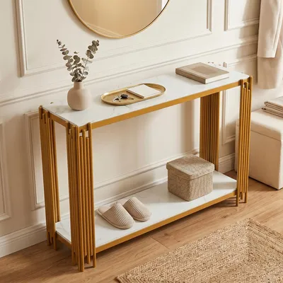 Produktbild von Konsolentisch Marmor-Optik Flurtisch Gold Weiß Sofatisch 2 Ablagen 124x34x80cm