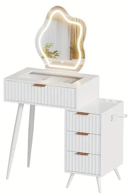 Obrázok produktu pre Toaletný stolík - Stolík na líčenie - Kosmetický stolík - Stolík na kozmetiku - Biely toaletný stolík - Zrkadlo - 4 zásuvky